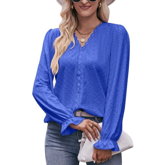 Autumn Women's Solid Color T-shirt Holed Lace V-neck Long-sleeved Top