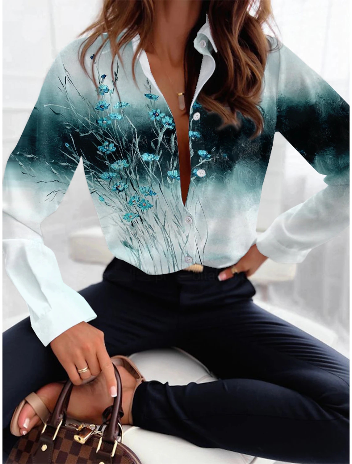 Autumn Women's T Shirt 3D Personalized Flower Print Lapel Casual Women ...