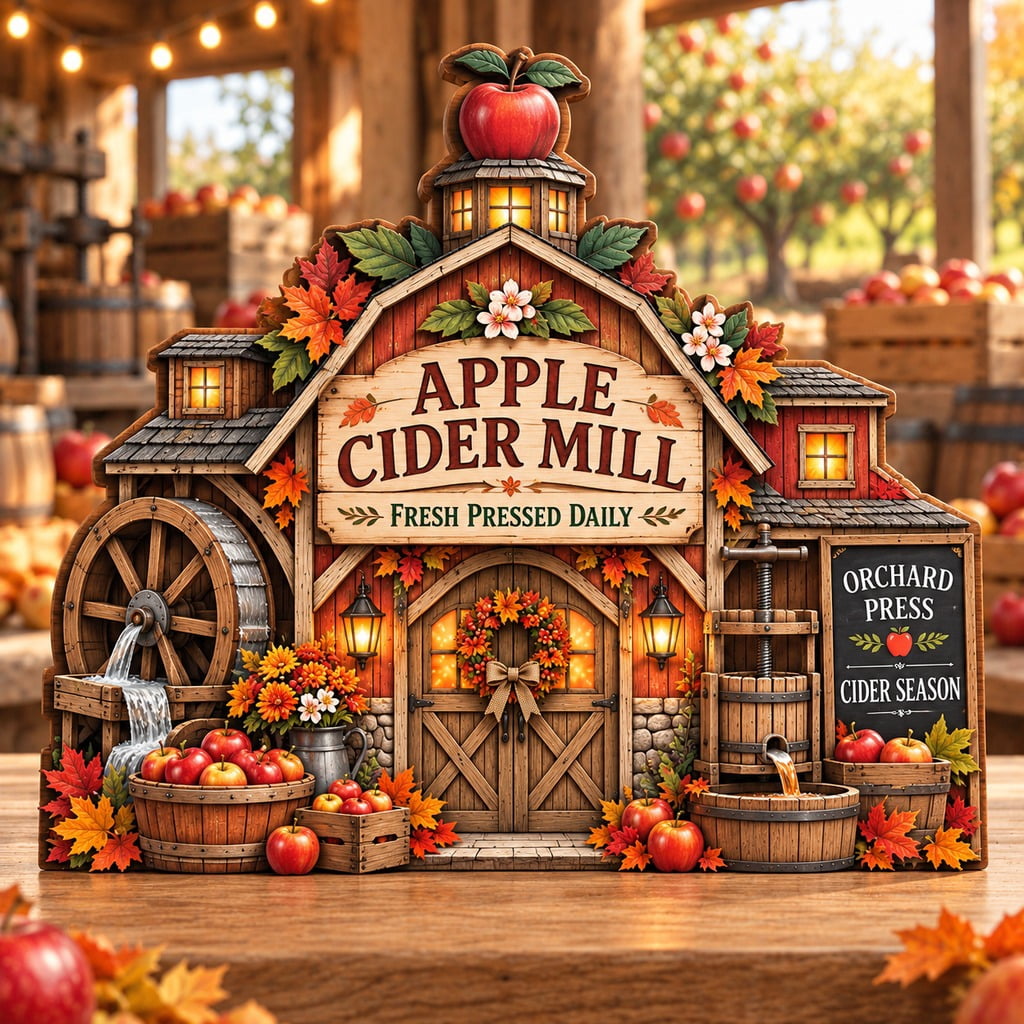 Fall Barber Display Autumn Wooden Block Apple Cider Mill 3-Layer Shelf Display for Fall ...