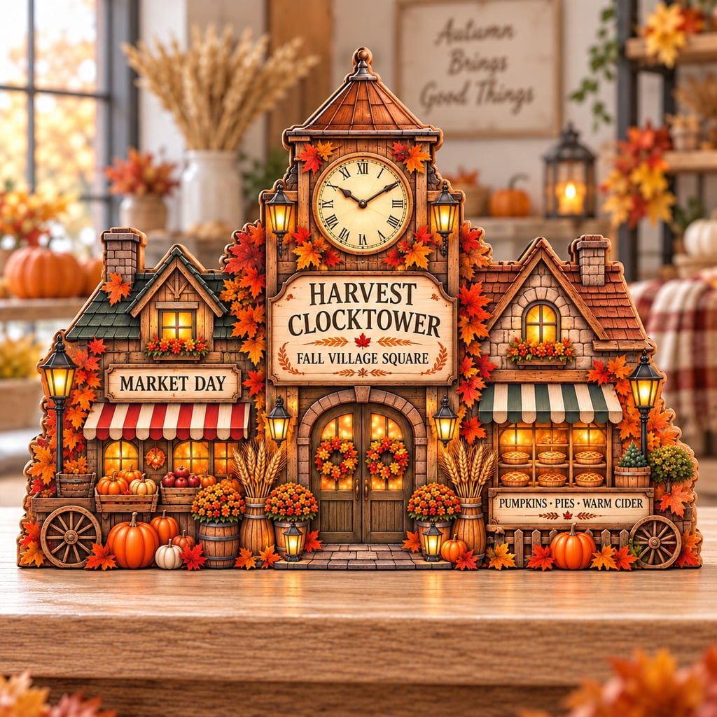 Fall Barber Display Autumn Wooden Block Harvest Clocktower Village Square Shelf Display for ...