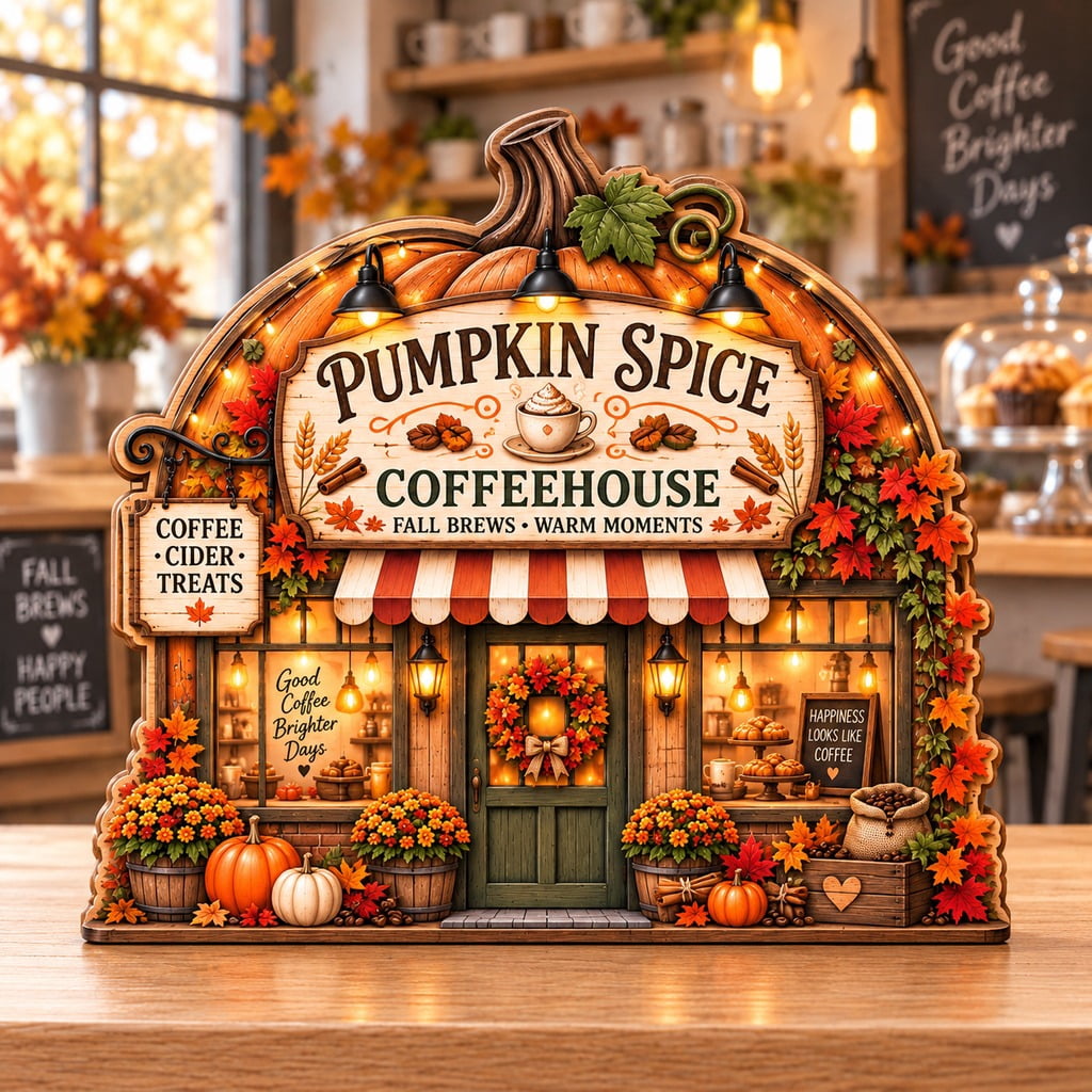 Fall Barber Display Autumn Wooden Block Pumpkin Spice Coffeehouse Layered Tabletop Display ...