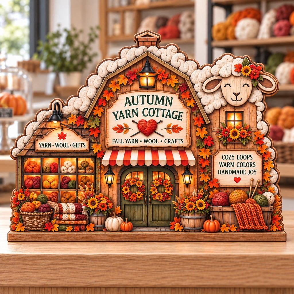 Autumn Wooden Block Yarn Cottage 3-Layer Tabletop Display for Knitting ...
