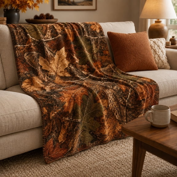 Autumn Woodland Camo Fleece Blanket – Fall Leaves Print, 280GSM Soft Throw, Multiple Sizes