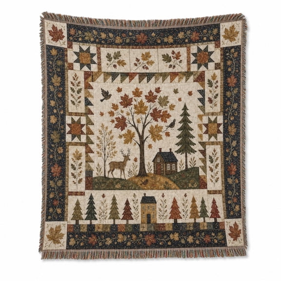 Autumn Woodland Patchwork in Cream, Rust and Brown Woven Throw Blanket, Woven Cotton with Fringed Edges, Rustic Seasonal Style