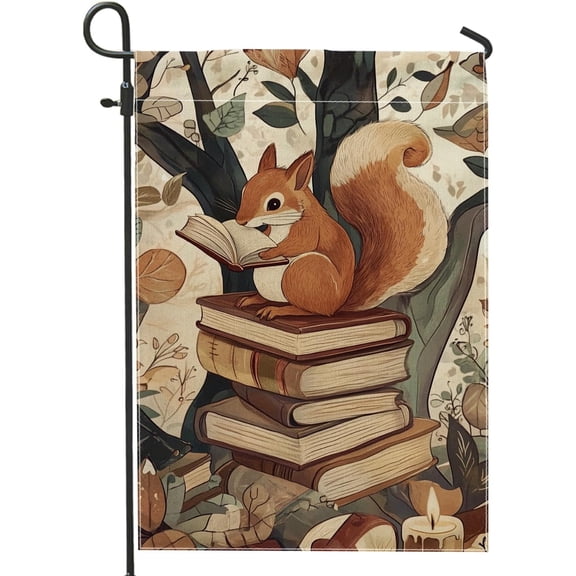 Autumn Woodland Squirrel Garden Flag, Orange Reading Squirrel Books Decor Outdoor Banner, Double Sided Rustic Yard Flag Fall Decoration 12x18 Inch