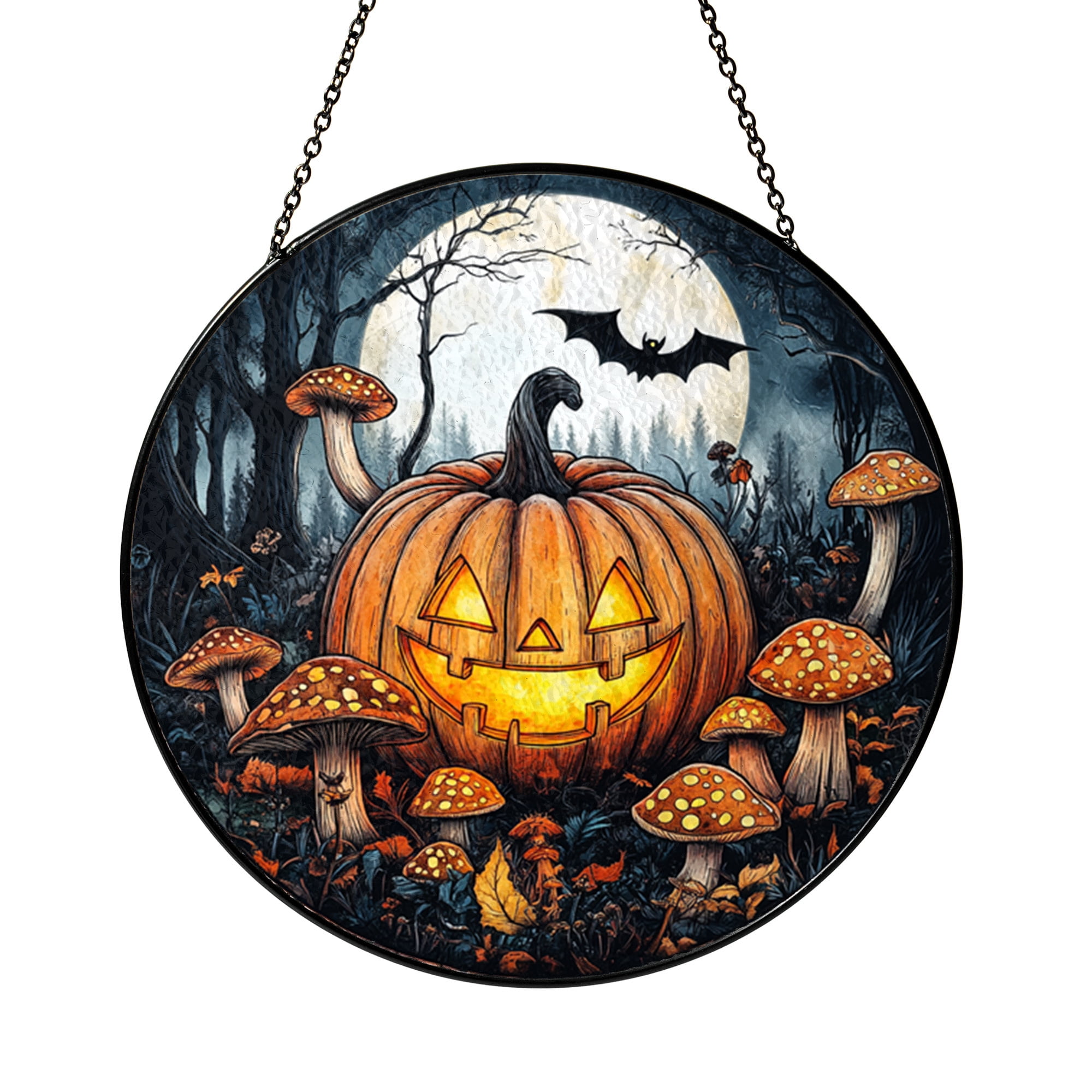 Autumn Woodland Stained Glass Style Window Hanging, Mushroom Art Panel ...
