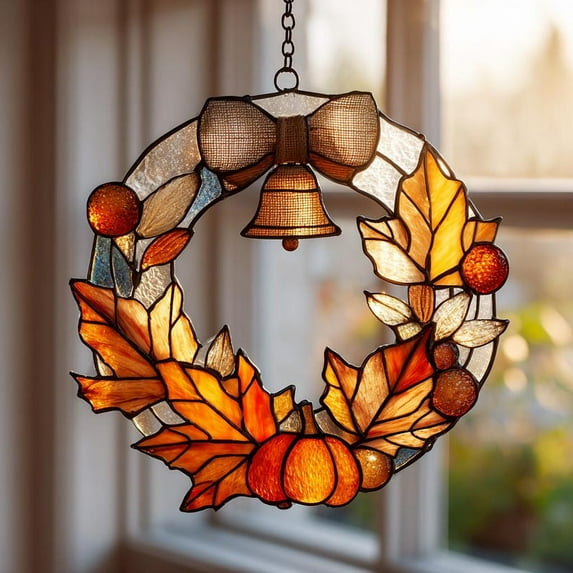 Autumn Wreath Acrylic Suncatcher - Fall Leaves And Pumpkin Faux Stained Glass Window Hanging