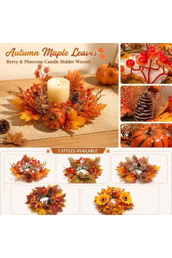 Autumn Wreath Decor with Realistic Maple Leaves, Red Berries & Pinecones – Rustic Fall Harvest Tabletop, Mantel, Candle or Lantern Accent for Home, Entryway & Party Settings