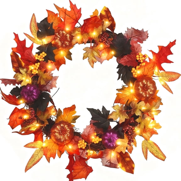 Autumn Wreaths for Front Door,18inch Artificial Fall Wreaths with Lights Pumpkin Pine Cones Berry Maple Leaves,Thanksgiving Halloween Harvest Festival Home Decoration for Indoor,Outdoor,Window,Garden