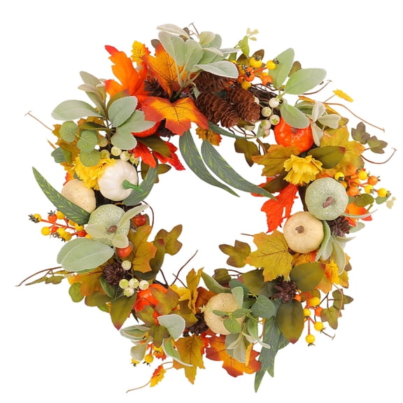 Autumn Wreath for Front Door Farmhouse, 19.7 Inch Fall Decor with Artificial Pumpkins, Berries and Roses, All-Weather Thanksgiving Halloween Wreath for Outdoor Porch and Indoor Wall Decoration