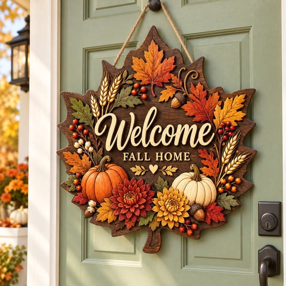 Autumn Wreath Welcome Wooden Door Sign for Fall Front Entry Decor