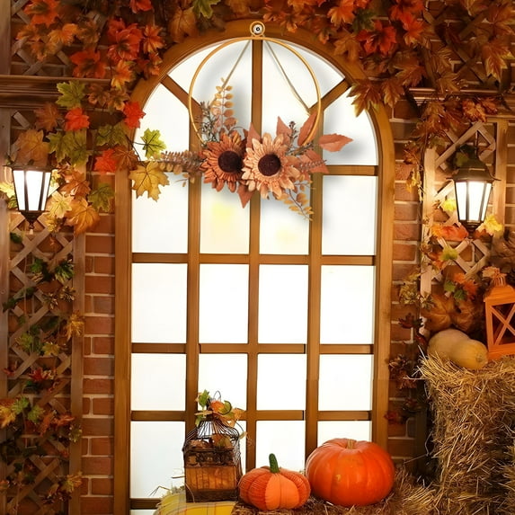 Autumn Wreath for Front Door Metal Wreath for Wall Decor Fall Wreath Indoor Outdoor Thanksgiving Harvest Hanging Decor with Maple Leaves and Pumpkin