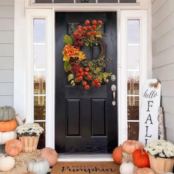 Autumn Wreath with Mini Pumpkins and Berries for Thanksgiving Front Door Farmhouse