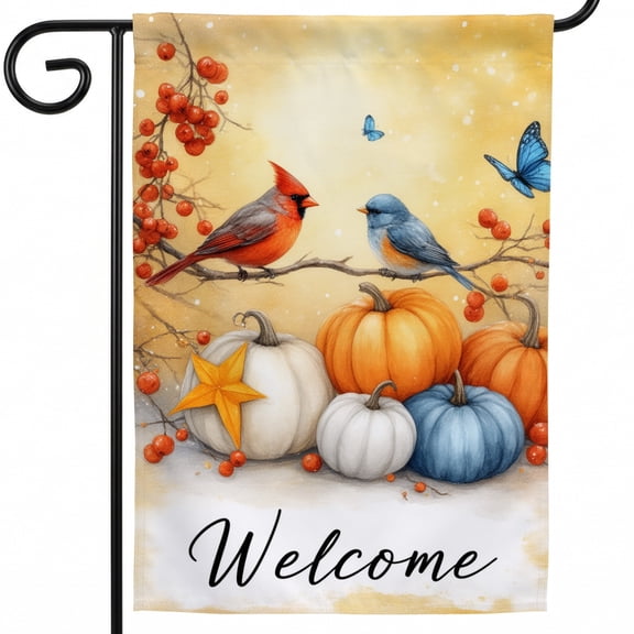 Autumn Yard Flag 28 x 40 in A welcome sign with two birds sitting on a branch surrounded by pumpkins Fall Hanging Outdoor Decor