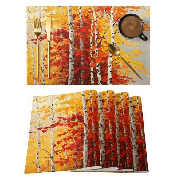 Autumn Yellow Leaves Placemats Set of 4, Fall Natural Forest Branch Watercolor Placemats for Dining Table, Place Mats for Kitchen Tabletop, Waterproof Wipeable Dining Table Mats Set