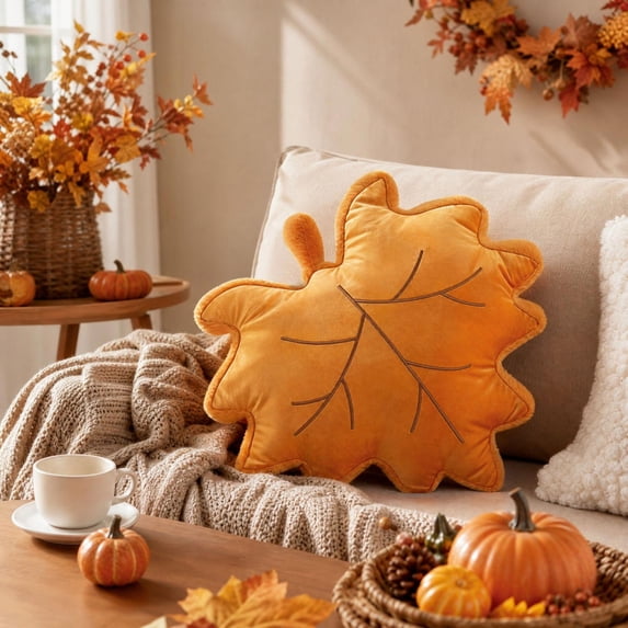 Autumn Yellow Maple Leaf Shaped Throw Pillow, Soft Plush 3D Leaf‑Shaped Decorative Cushion, Novelty Fall Accent Pillow for Sofa Couch Bed Living Room Thanksgiving Home Decor