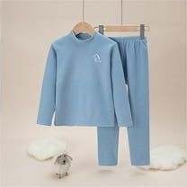 Autumn and Winter Children's Warm Underwear Set Velvet Baby Big Children Long Sleeve Boy and Girls Neck Home Wear Blue 18-24 Months