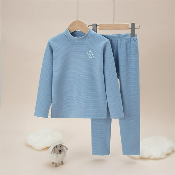 Autumn and Winter Children's Warm Underwear Set Velvet Baby Big Children Long Sleeve Boy and Girls Neck Home Wear Blue 4-5 Years