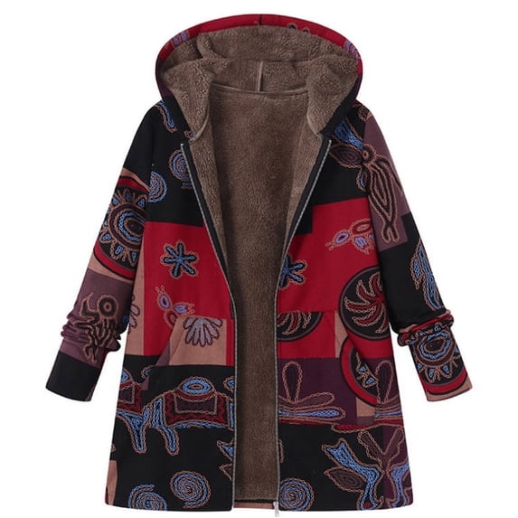 Autumn and Winter Cotton Linen Coat Ladies Retro Warm Printed Pockets Thickened Zip Hooded Coat Jacket
