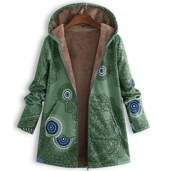 Autumn and Winter Cotton Linen Coat Ladies Retro Warm Printed Pockets Thickened Zip Hooded Coat Jacket
