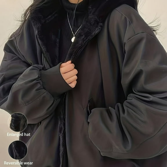 Autumn and Winter Hooded Pockets with Fleece and Thickened Jacket for Loose Women's Cotton Clothes on Both Sides