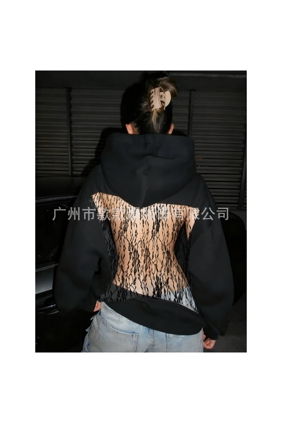 Autumn and Winter New Women's Fashion Solid Color Backless Hollow Mesh Hoodie Sweatshirt