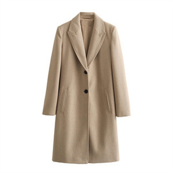 Autumn and Winter New Women's Fashionable Versatile Pocket Decorated Lapel Long Sleeve Soft Slim Fit Woolen Coat-Khaki-S