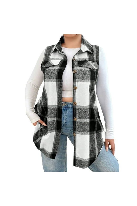Autumn and Winter New foreign Trade Women's Fashion Plaid Sleeveless Lapel Side Pocket Shirt Waistcoat