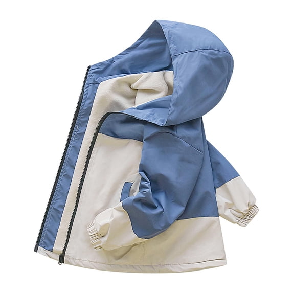 Autumn and Winter Shell Jacke for Boys and Girls Fleece-Lined Outdoor Jacket Color-Block Zipper Hooded Coat for Kids Blue 5 Years
