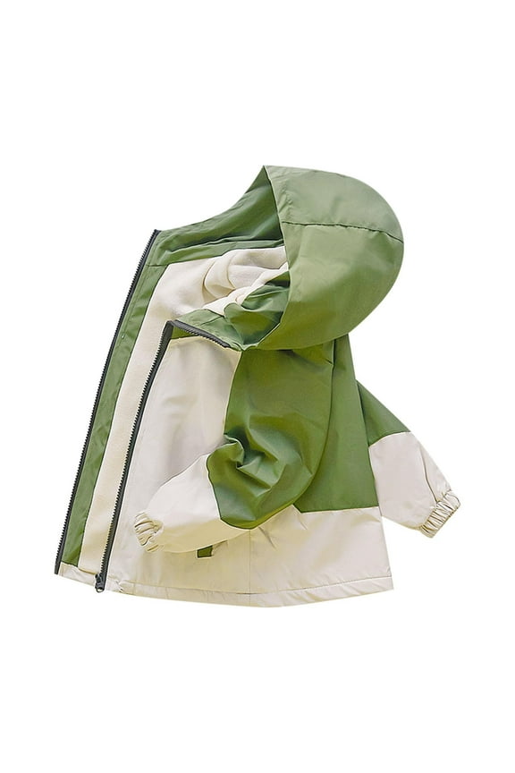 Autumn and Winter Shell Jacke for Boys and Girls Fleece-Lined Outdoor Jacket Color-Block Zipper Hooded Coat for Kids Green 5 Years