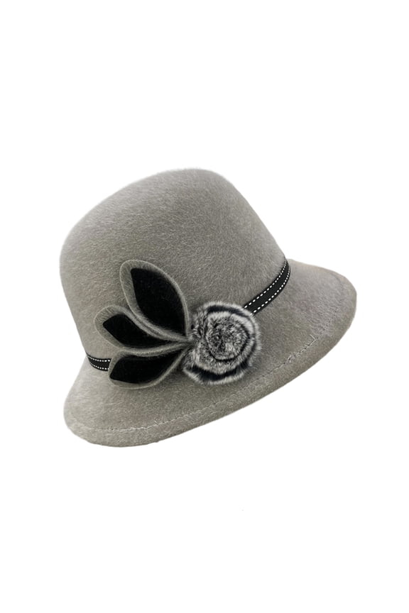 Autumn and Winter Vintage Bowler Hat for Women | Short Brim & Floral with Furry Pom-Pom Detail | Wool Felt Jazz Cap for Wedding, #03 Gray Free Size