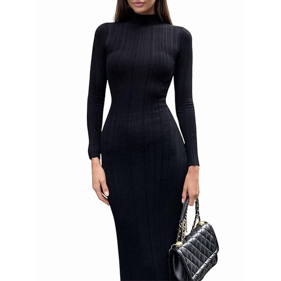Autumn and Winter Women'S Long Sleeve Maxi Dress Ribbed Knit Slim Casual Dress Black L