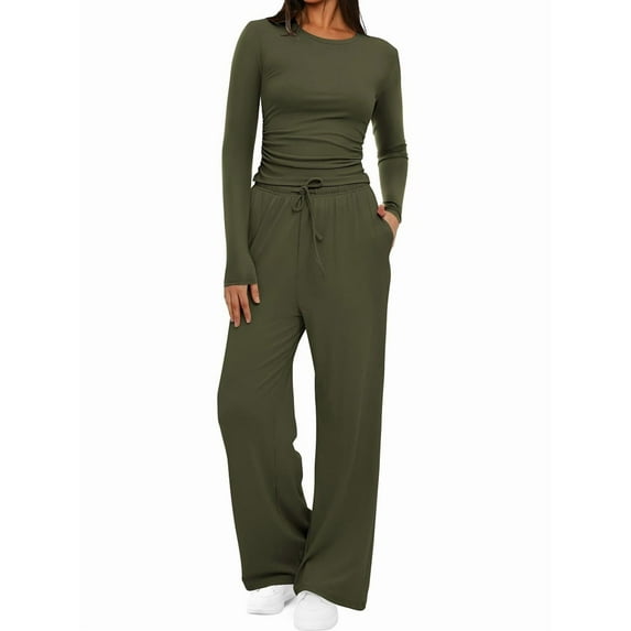 Trendy Fall Women'S Suit Long-Sleeved Solid Color Casual Suit Leisure Green XL