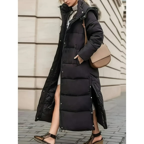 Autumn and Winter Women's Fashionable Outdoor Cross Knee Slit Long Zipper Hooded Cold Resistant Thick Coat