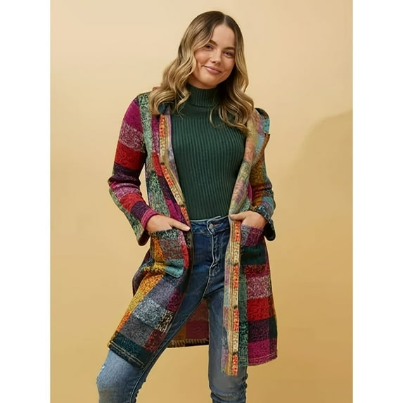 Autumn and Winter Women's Long Sleeved Pocket Checkered Printed Hooded Cardigan Jacket