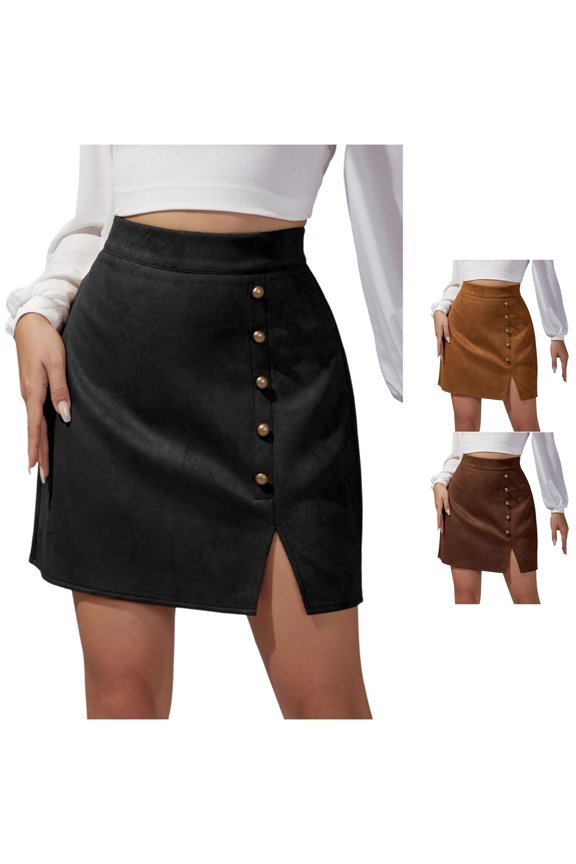 Autumn and Winter Women's Solid Color Suede Skirt European and High Waist Metal Buckle Skirt Swim Skirt S
