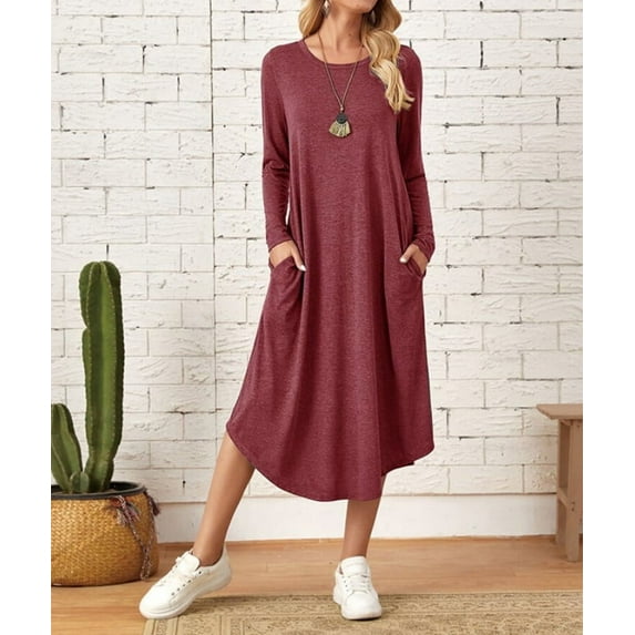 Autumn and Winter Women's mid-Length Curved Hem Round Neck Dress