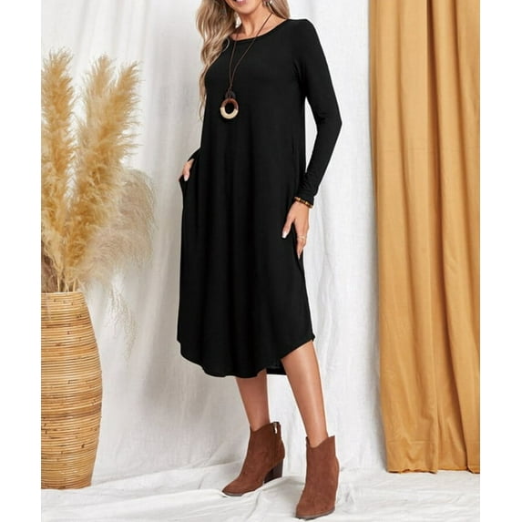 Autumn and Winter Women's mid-Length Curved Hem Round Neck Dress