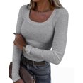 thumbnail image 1 of Autumn and Winter Womens Long Sleeve Scoop Neck Ribbed Knit Fitted Casual Tops Tee Slim Basic Shirts, 1 of 3