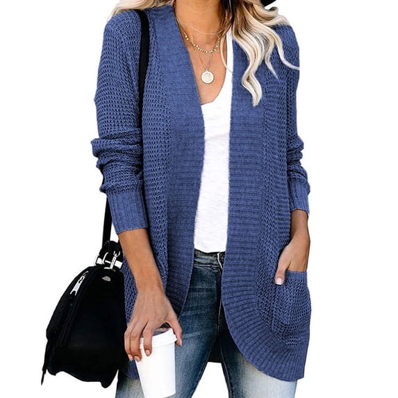 Autumn and winter cardigan women's curved placket large pocket sweater cardiganBlue Size XL