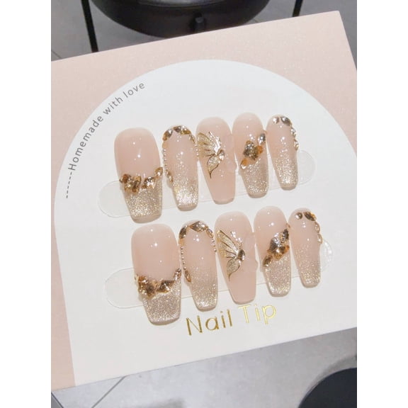 Autumn and winter new dead leaf butterfly pure handmade wearing nail temperament champagne French cat eye light luxury advanced manicure fake nails