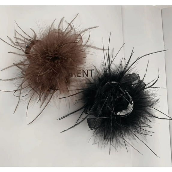 Autumn and winter new high-end mesh feather clip shark clip elegant hair clip half-tie hair ornament new two-piece set