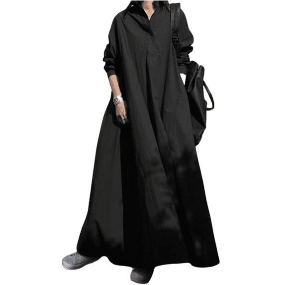 Autumn and winter new long sleeve big swing solid color cotton linen vintage casual loose dress women