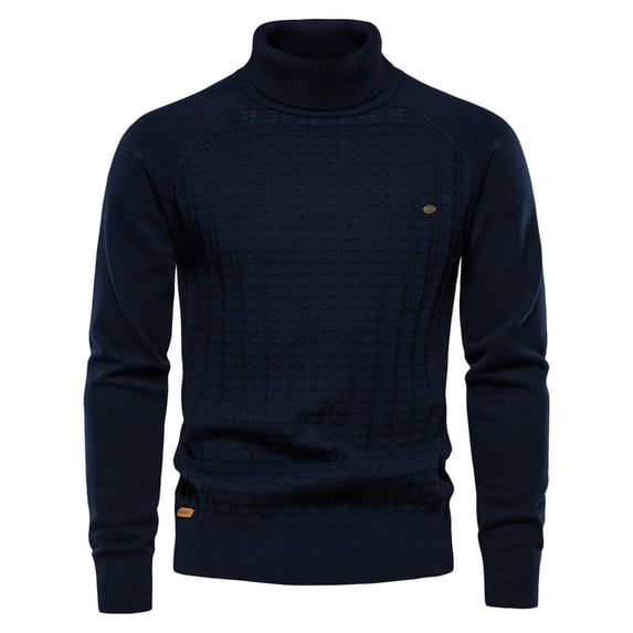 Autumn and winter new men's turtleneck pullover solid color men's knitted sweater casual sweater for men-Navy Blue-S