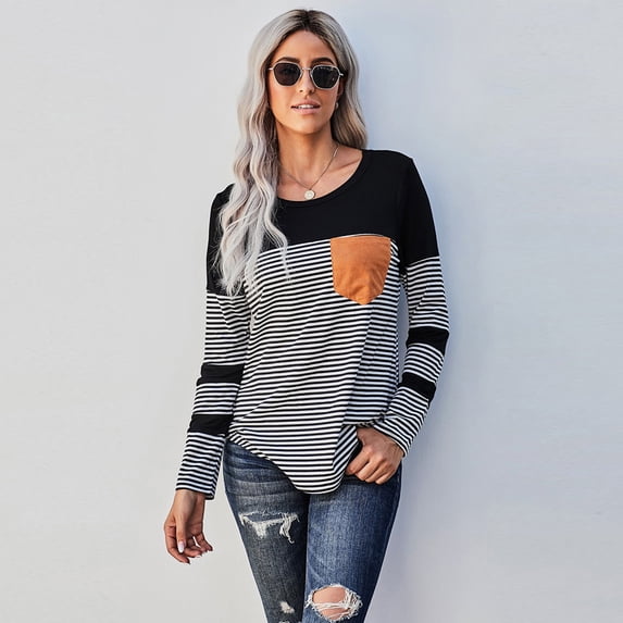 Autumn and winter new striped splicing color long-sleeved top slimming T-shirt