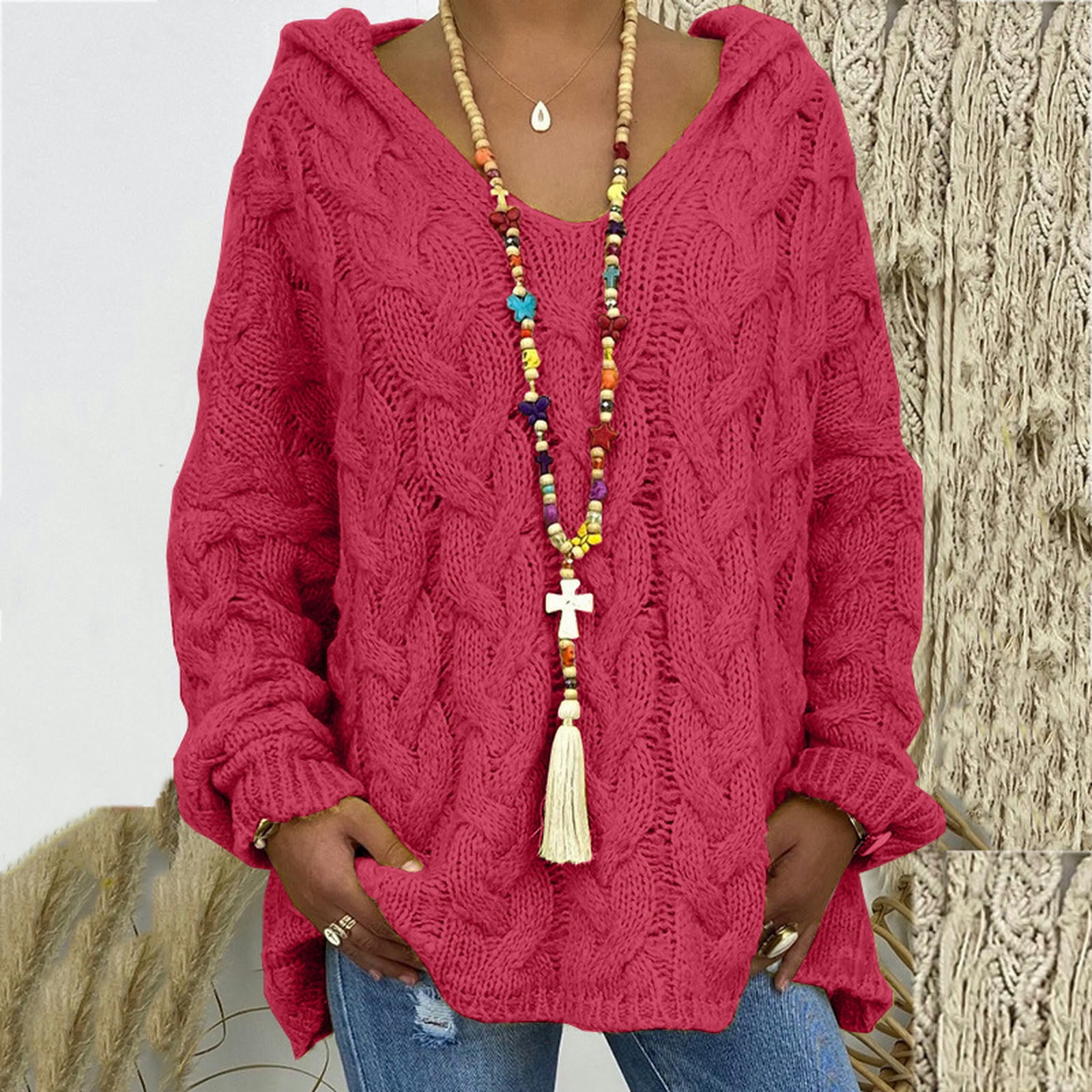 Solid color twist knitting hoodie sweater shop