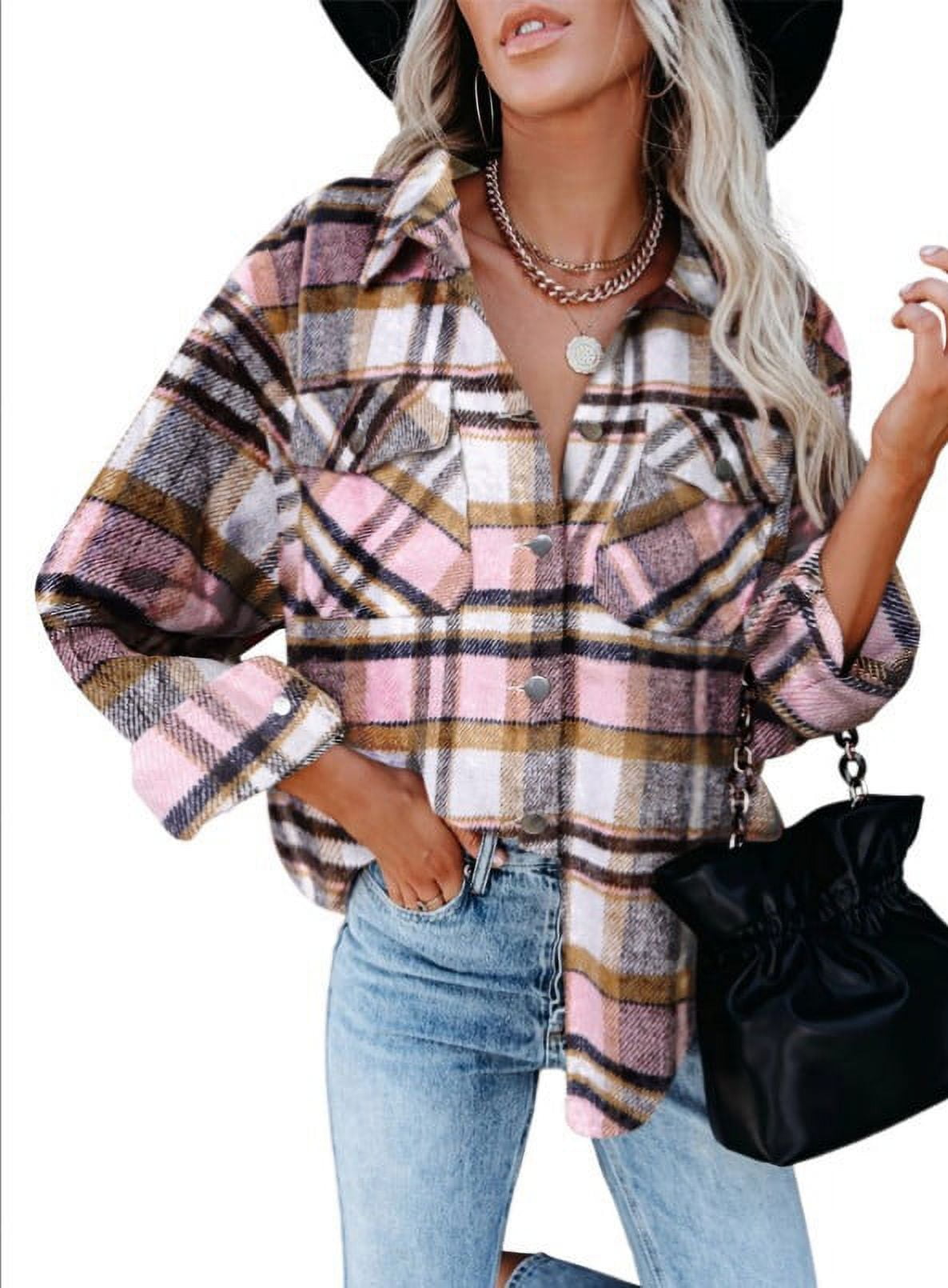 Autumn and winter women's shirt long sleeve plaid jacket - Walmart.com