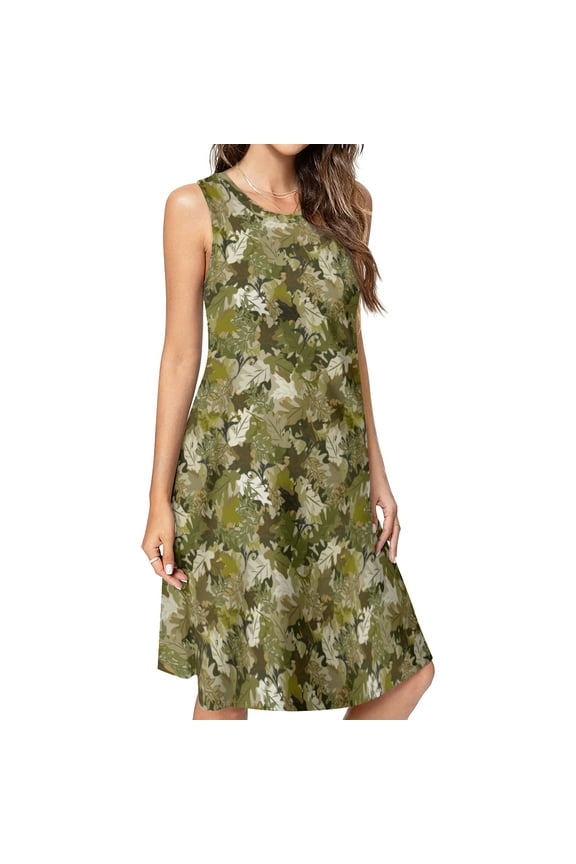 Autumn leaves camouflage Spring Summer Dresses for Women Fashion T-shirt Dress Casual Sleeveless Loose Sundress with Pockets