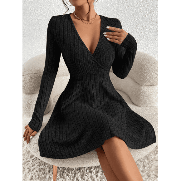 New for autumn/Winter 2024 Women Knit Slim Sexy Bodycon Dress V-Neck Long Sleeve Dress Solid Casual Midi Sweater Dress