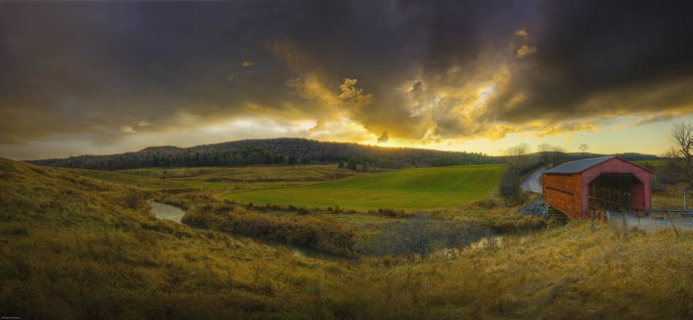 Autumn sunset over meech creek and covered bridge in gatineau hillsQuebec canada Canvas Art - Richard Desmarais Design Pics (44 x 20)